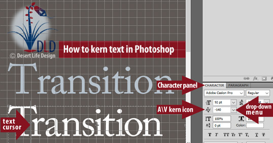 To kern in Photoshop, open the Characters panel